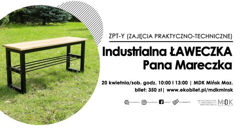 Po lewej stronie w kole drewniana ławeczka stoi na zielonej trawie. Po prawej stronie czarny tekst na białym tle.