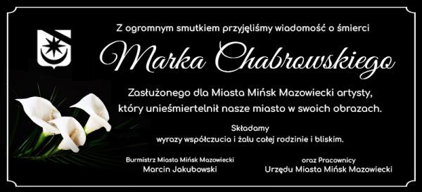 Biały tekst na czarnym tle. Na górze, po lewej czarno-biały herb miasta z czarnym kirem, poniżej trzy białe kalie.