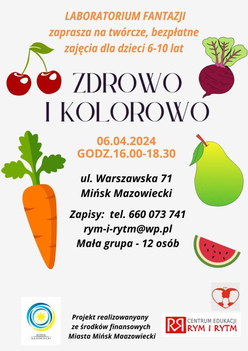 Kolorowe owoce i warzywa: wiśnia, burak, marchewka, gruszka, arbuz na szarym tle. Na środku tekst.