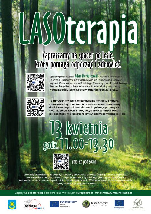 napis Lasoterapia na tle zielonego lasu