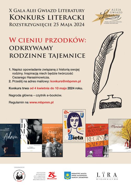 Na jasnym tle tekst, po prawej logo Alei Gwiazd Literatury, poniżej pióro i kałamarz. Na dole sześć okładek książek.