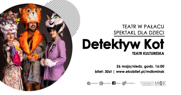 Po lewej stronie w kole mężczyzna i dwie kobiety w przebraniu. Na głowach mają czapki z kotów. Po prawej tekst.