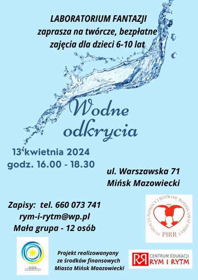 Na błękitnym tle strumień wody, obok tekst. Na dole logotypy.