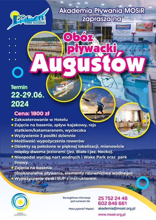 Na niebieskim tle w kołach zdjęcia hotelu, aktywności wodnych, statku. W tle zdjęcie basenu i jeziora z pomostami
