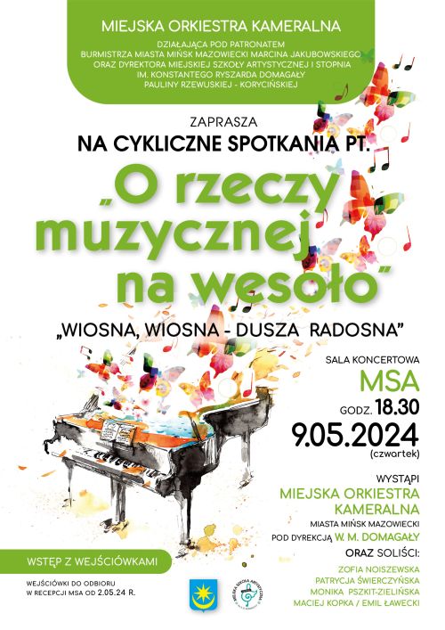 Na dole abstrakcyjny rysunek fortepianu. Z klapy fortepianu wylatują motyle i nutki. Powyżej tekst.