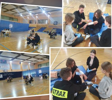 Kolaż zdjęć. Uczniowie podczas zajęć z pierwszej pomcy w towarzystwie strażaka.