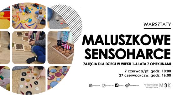 Po lewej w kole zdjęcia w kwadratach. Dzieci bawią się różnymi przedmiotami. Po prawej na białym tle informacje