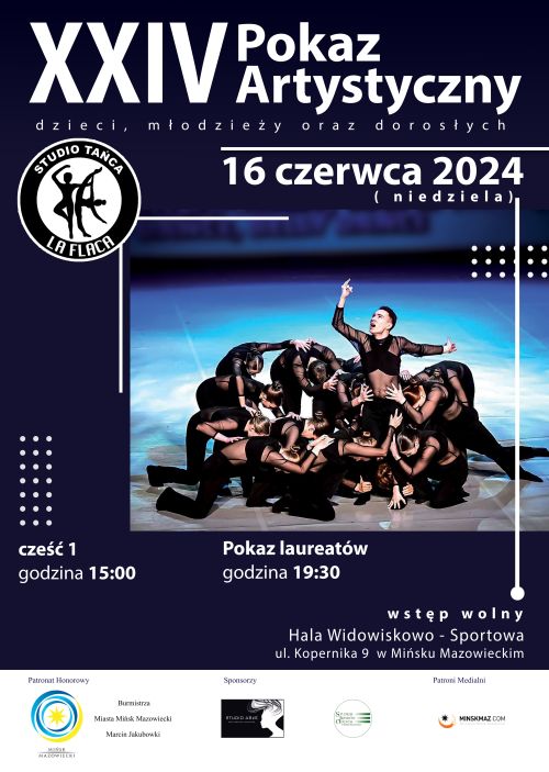 Po środku grupa tancerzy, ubrana w czarne stroje w układzie tanecznym. Naokoło na czarnym tle informacje