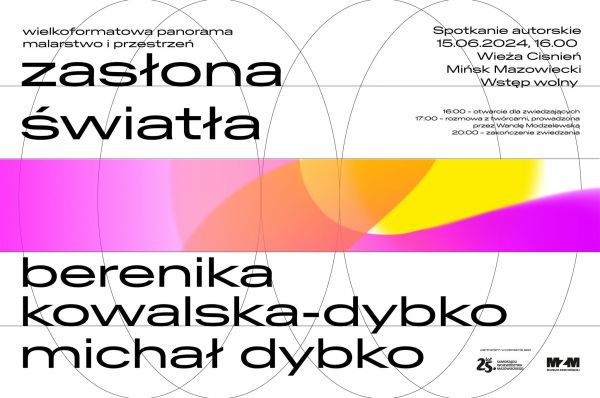Na białym tle informacje. Po środku różowo-żółty gruby pasek