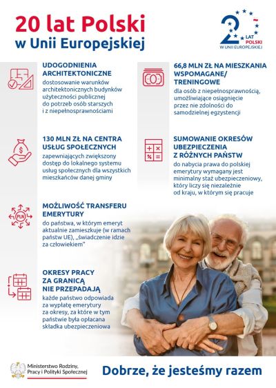 Małe zdjęcie pary uśmiechniętych seniorów. Mężczyzna obejmuje od tyłu kobietę. Naokoło na białym tle informacje