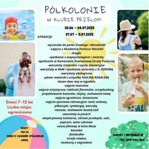 Na turkusowym tle informacje dotyczące półkolonii. Z prawej i lewej zdjęcia uśmiechniętych dzieci podczas letnich aktywności