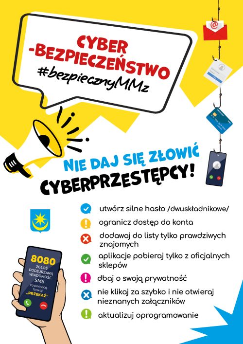 Na białym tle hasła o zabezpieczeniu sie przed cyberbezpieczeństwem. Rysunek haczyków od wędki, megafonu i telefonu...