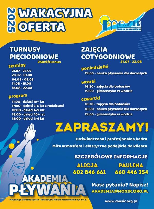Informacje tekstowe na granatowym tle, na górze i w dole żółte elementy graficzne, w lewym dolnym rogu zarys sylwetki pływaka