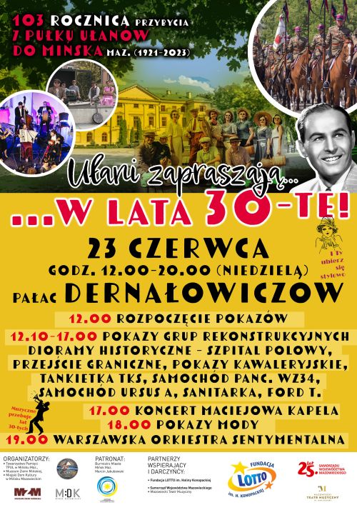 Na górze w tle zdjęcie osób na tle zamku z lat 30-tych. Poniżej na żółtym tle informacje