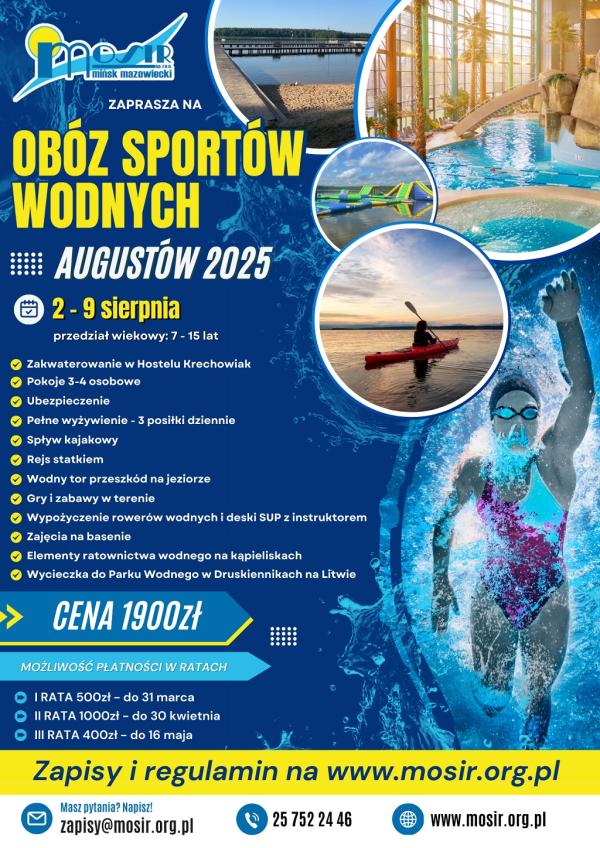 Na kolorowym tle informacje tekstowe, po prawej zdjecia, basenu, plaży nad jeziorem, kajaka oraz sylwetki pływającej...