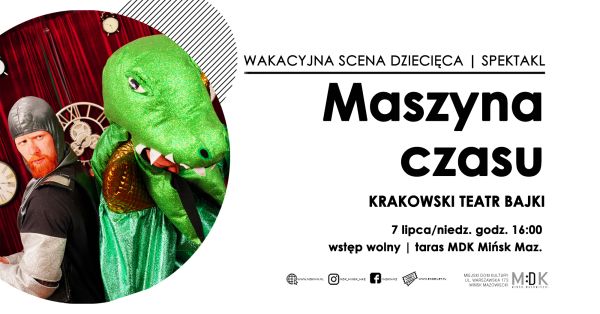 Po lewej w kole osoba w przebraniu zielonego smoka, obok plecami zwrócony mężczyzna w pilotce i brodą z grymasem na twarzy...