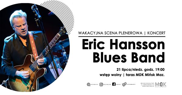 Po lewej w kole mężczyzna gra na gitarze. Przed nim mikrofon. Po prawej informacje