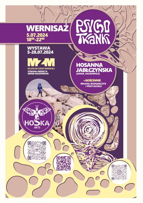 Na fioletowym tle informacje. Wieloelementowa grafika abstakrcyjna. W tle dwie kobiety stoją na skałach.