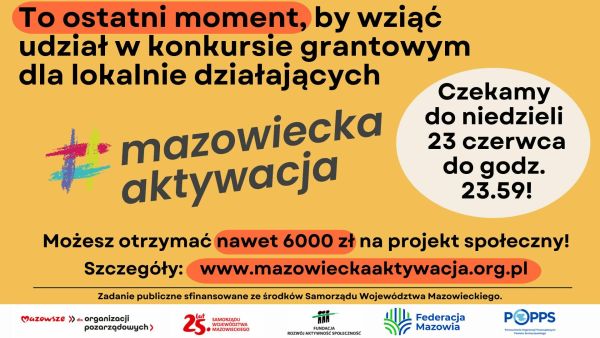 Na żółtym tle informacje. Po prawej białe koło też z informacjami. Na dole loga