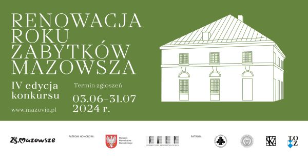 Na jasno-zielonym tle białe napisy i biały piętrowy domek. Na dole biała belka z logami