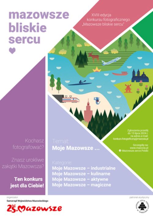 Na kolorowych tłach łamanych na różne figury znajdują się treści. Po środku rysunek rzeki, kajaka, zamka, pociągu, drzew