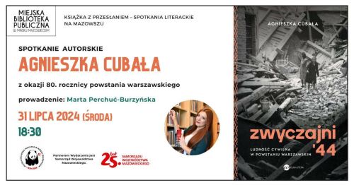 Po prawej czarno-biała okładka książki zwyczajni 44. Po lewej kolorowe informacje oraz w kole zdjęcie kobiety z długimi...