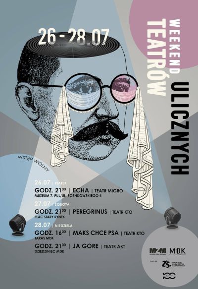 graficznie przedstawiona twarz mężczyzny w okularach. Świaca na nią reflektory. Szaro-niebiesko-różowe tle