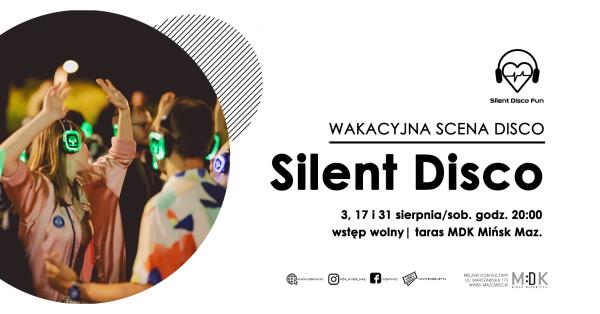 Po lewej w kole tańczące osoby nocą w słuchawkach świecących na zielono. Po prawej na białym tle informacje