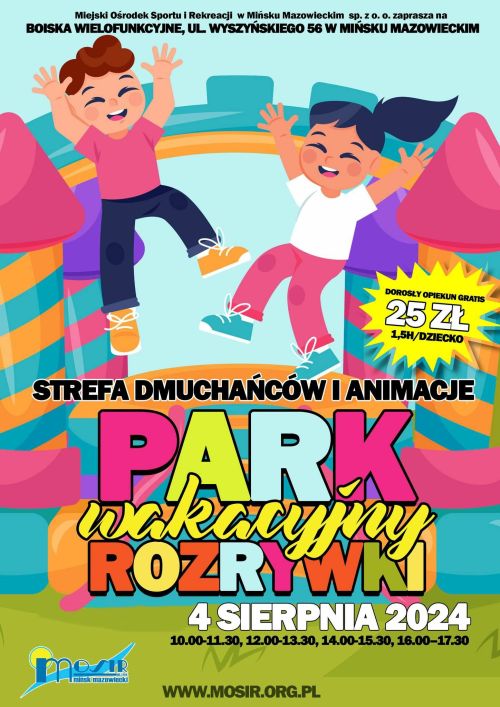Kolorowy rysunek dmuchańca i skaczących uśmiechniętych chłopca i dziewczynki. Naokoło kolorowy tekst