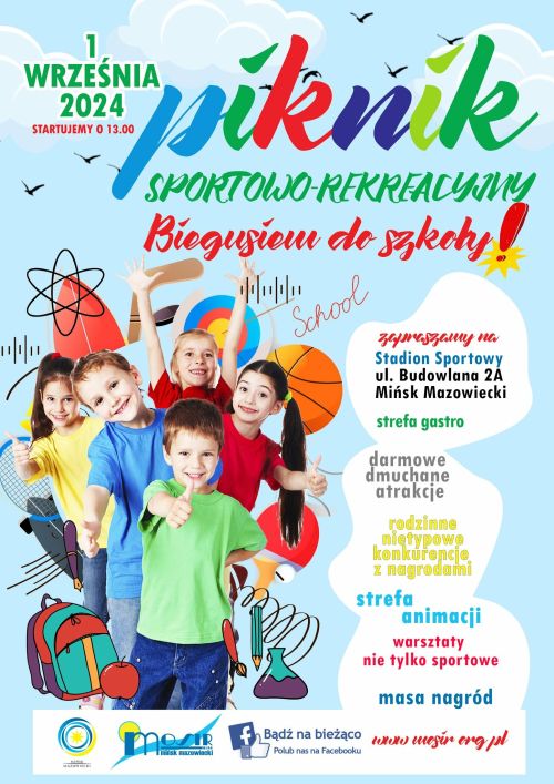 Na błękitnym tle kolorowa treść i zdjęcie piątki usmiechniętych dzieci. Po prawej w białych chmurkach kolorowe treści