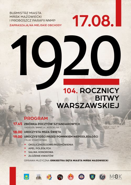 W tle szare zdjęcie maszerujących żołnierzy. Na zdjęciu czarny i czerowny tekst tekst