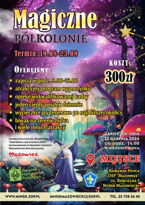 Kolorowy tekst na tle kolorowego, magicznego lasu z drzewami i grzybami. Na środku w rzeczce stoi mag z różczką