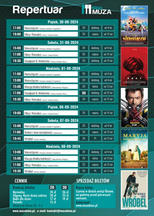 Na ciemno-zielonym tle harmonogram filmów i wydarzeń. Na górze napis repertuar kina Muza, zdjęcia plakatów filmowych po...