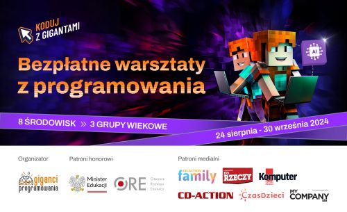 Na ciemno-fioletowym minecraftowym tle z prawej dwie postacie z minecrafta. Na dole loga