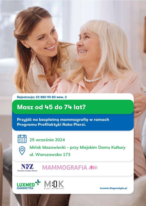 Na dole na białym tle kolorowe informacje. W tle zdjęcie młodej i starszej kobiety uśmiechniętych, patrzących na siebie
