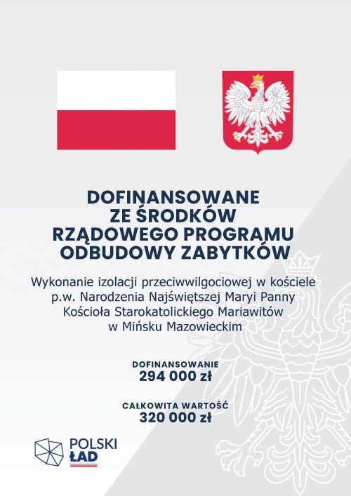 Na szarym tle z wytłoczonym zarysem orła w prawym dolnym rogu informacje. Na górze flaga i godło Polski