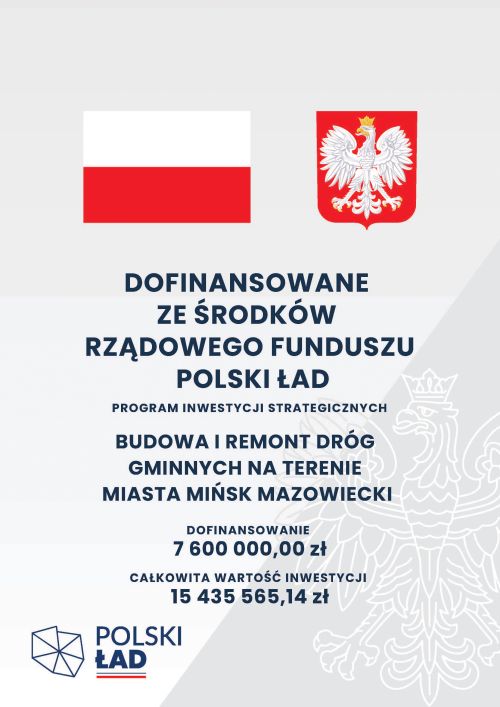 Na szarym tle z wytłoczonym zarysem orła w prawym dolnym rogu informacje. Na górze flaga i godło Polski