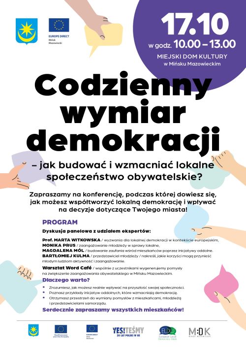 Na jasnym tle kolorowe informacje. Naokoło dłonie z pustymi notatkami. W lewym górnym rogu niebiesko-żółty herb miasta