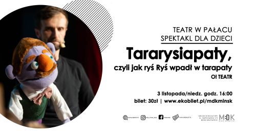 Po lewej w kole kolorowa kukiełkaz dużym pomarańczowym nosem i wąsami. Po prawej na białym tle informacje