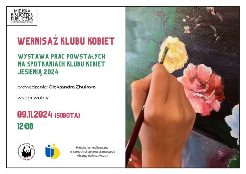 Po lewej na białym tle kolorowe informacje. Po prawej pędzel w dłoni. Rysunek kwiatów.