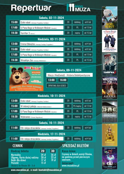 Na ciemno-zielonym tle harmonogram filmów i wydarzeń. Na górze napis repertuar kina Muza, zdjęcia plakatów filmowych po...