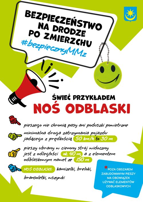 Na białym tle kolorowe informacje. Po środku rysunek megafonu i zielonej, odblaskowej emotikonki