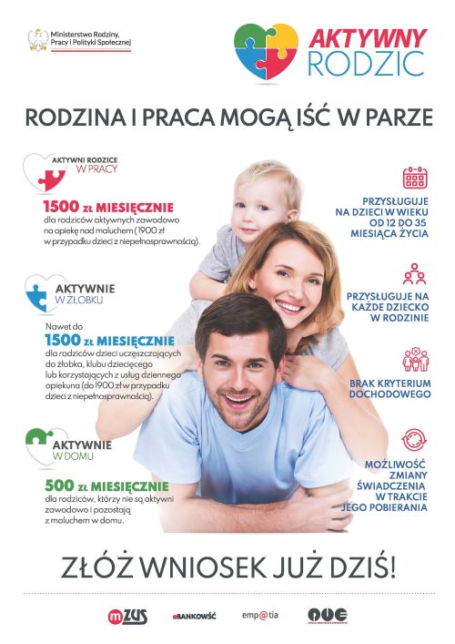 Na białym tle uśmiechnięty mężczyzna, na jego plecach kobieta i dziecko. Naokoło kolorowe informacje.