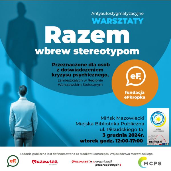 Na niebieskim tle informacje. W lewym dolnym rogu stoi mężczyzna tyłem