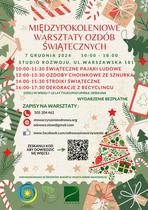 Na jasnym tle kolorowe informacje. Naokoło zielona obramówka. Na niej rysunki choinki, prezentów i ozdób choinkowych