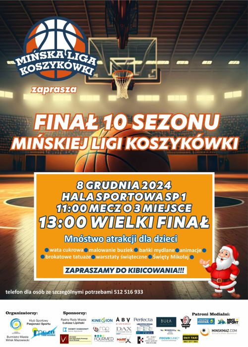 Na tle hali sportowej inforamcje. Po środku pomarańczowy prostokąt z informacjami. po prawej mały rysunek mikołaja