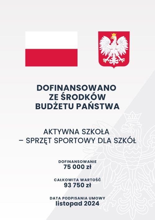 Na szarym tle z wytłoczonym zarysem orła w prawym dolnym rogu informacje. Na górze flaga i godło Polski