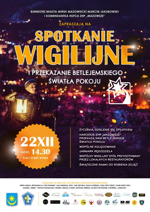 Na ciemnym tle świateł informacje. Da dole na białym pasku loga