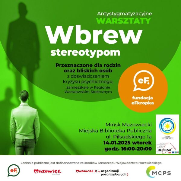 Na zielonym tle informacje. Po lewej na dole postac mężczyzny stojącej tyłem
