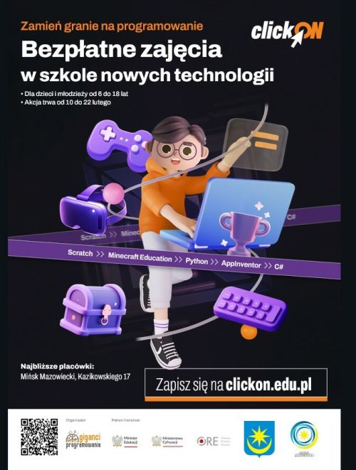 Na ciemnym tle ilustracja postaci w okularach, siedzącej przy laptopie, otoczonej ikonami związanymi z technologią. Naokoło...